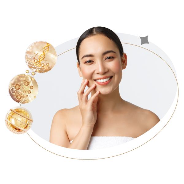 Smiling woman with glowing skin and skincare elements