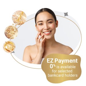 Smiling woman with glowing skin and skincare elements